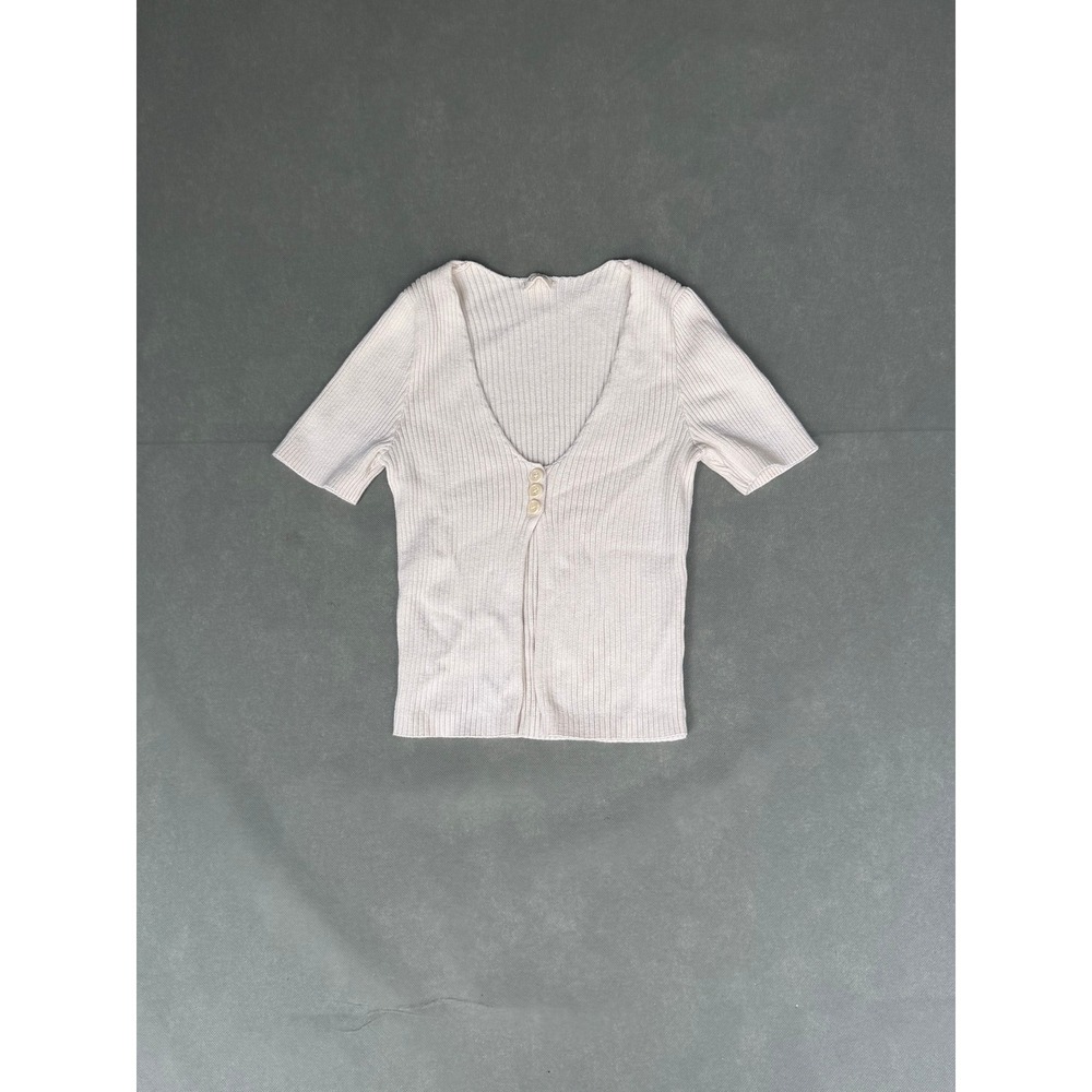 John Galt California Cream Ribbed Knit V-Neck Short Sleeve Button Top MNJ236